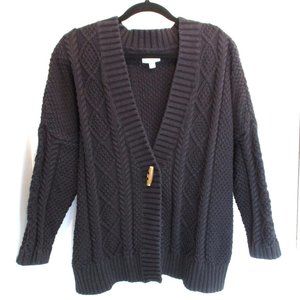 L LL Bean Black Signature 100% Cotton Heavy Cable Cardigan Sweater